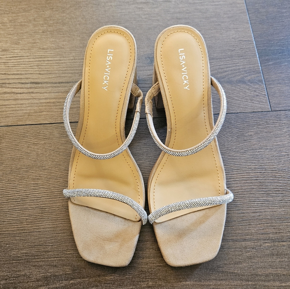 Lisa Vicky Block Heel Suede Mood-v Silver Hotfix Strappy Sandal 8.5  NEW